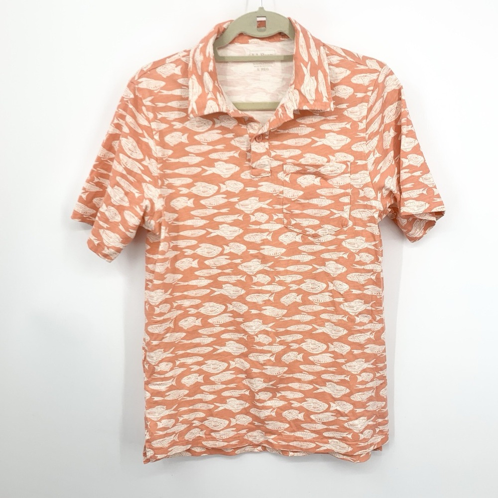 LL Bean Men Size Small Shirt Short‎ Sleeve Polo Organic Cotton Fish Orange Top